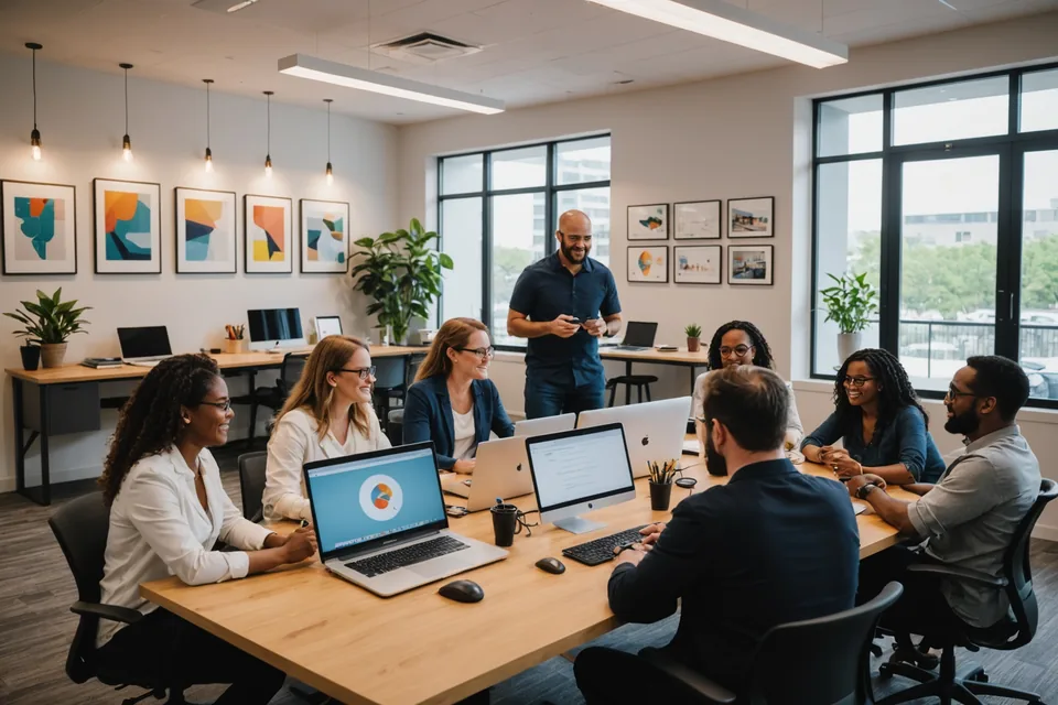 Legion Health team in bright co-working office, candid and focused on mission